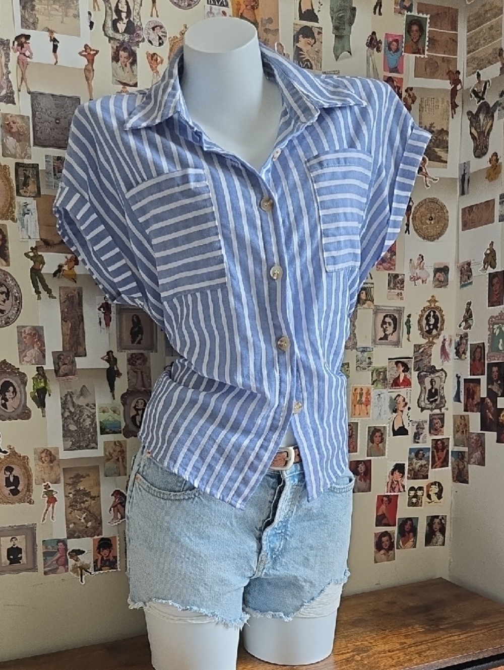 SHEIN Cotton Blue and White Striped Short-Sleeve Button-Up Shirt